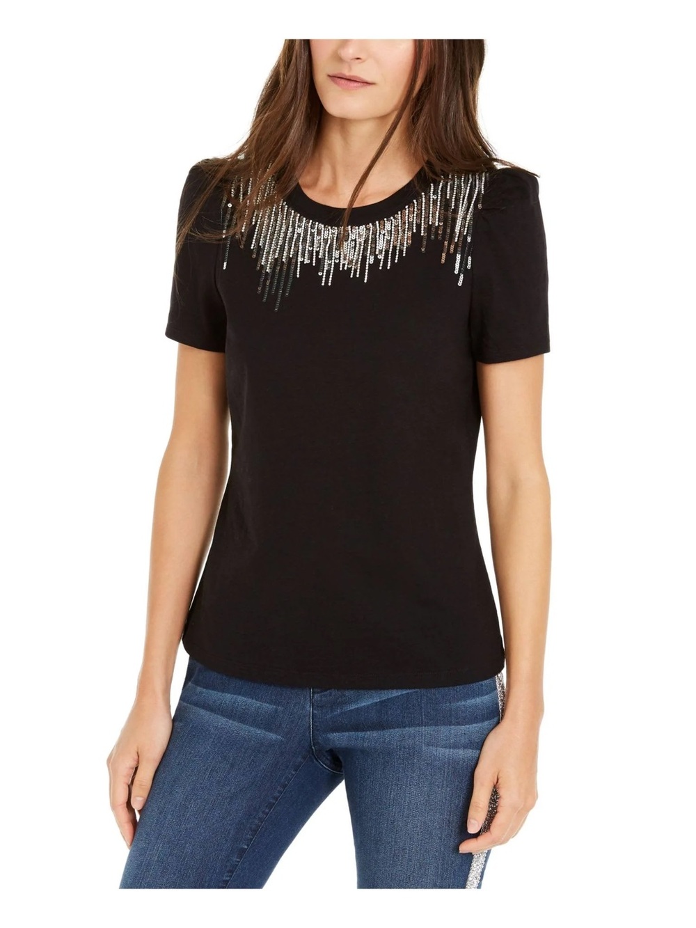 INC International Concepts Black Sequin Fringe Puff Sleeve Top Women’s Large